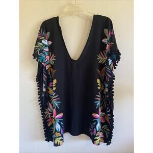 Xhilaration Black Colorful Tropical Palm Floral Pom Fringe Swim Coverup Womens S